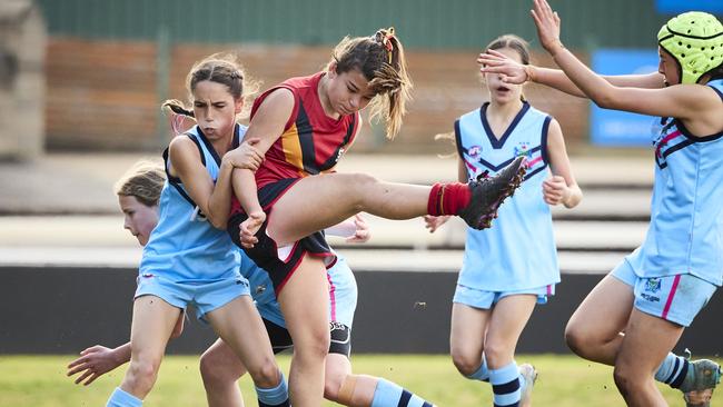 Lily Davidson and Eva Petrucci in the match between SA and NSW. Picture: Matt Loxton.