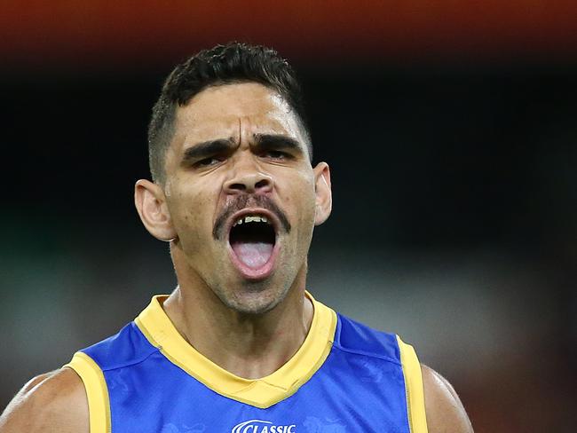 BRISBANE, AUSTRALIA - OCTOBER 17: Charlie Cameron of the Lions celebrates a goal during the AFL 2nd Preliminary Final match between the Brisbane Lions and the Geelong Cats at The Gabba on October 17, 2020 in Brisbane, Australia. (Photo by Jono Searle/AFL Photos/via Getty Images)