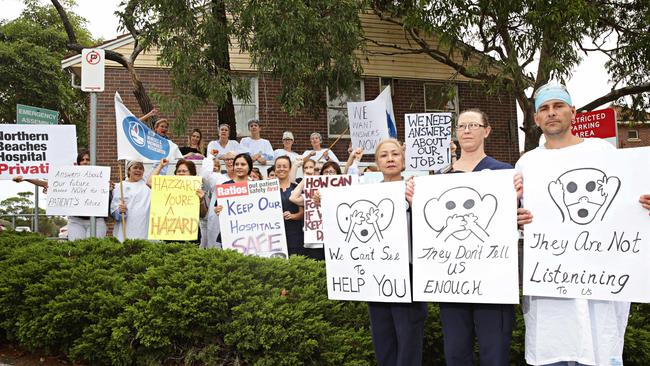 Manly Hospital nurses protesting out the front of Manly Hospital. Picture: Adam Yip.