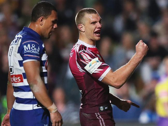 Tom Trbojevic will be celebrating again when Manly play the Titans. Picture: Phil Hillyard