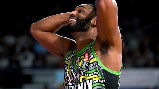 BRISBANE, AUSTRALIA - NOVEMBER 02: Alan Williams of the Phoenix reacts after being fouled out of the game during the round six NBL match between Brisbane Bullets and South East Melbourne Phoenix at Nissan Arena, on November 02, 2023, in Brisbane, Australia. (Photo by Bradley Kanaris/Getty Images)