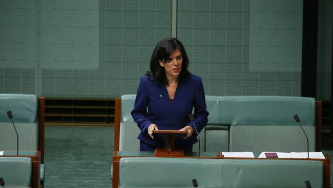 Julia Banks during the speech where she announced she would be resigning as a Liberal to become an independent. Picture: Gary Ramage