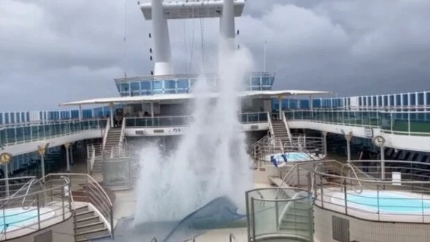 The pool on board the Coral Princess cruise ship.  The ship will remain off the Caloundra coast overnight, marking another wild night in rough seas for her more than 2000 passengers.  Picture: Channel 7 News