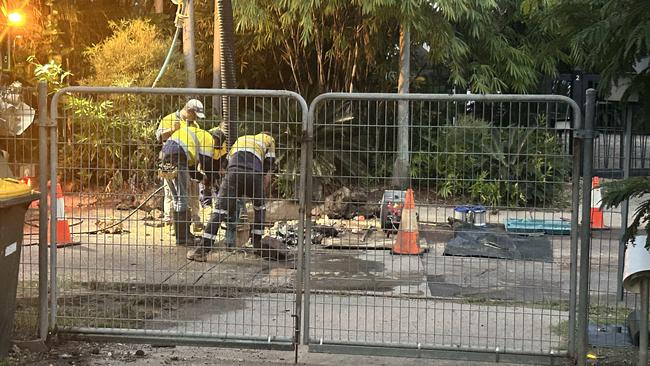 Coucal Cct and Savannah Dr in Leanyer were left almost flooded after severe road damage caused a number of underground pipes to burst on January 16, 2025. Picture: Kirsten Porteous