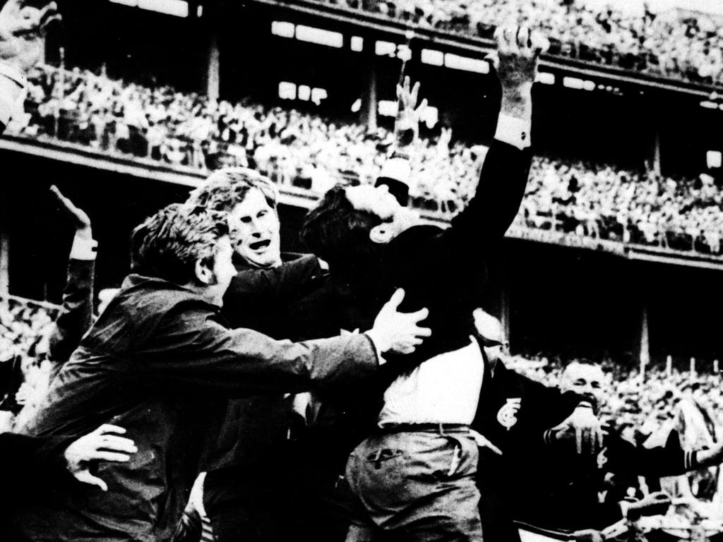 Ron Barassi celebrates the Blues’ comeback.