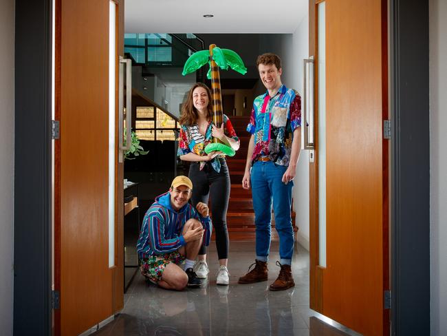 Sam Welsh, Rebecca Rolle and Teale Howie on September 23, 2020. The Cast of children's show 91 Storey Treehouse at the front door of house at Tennyson where they have been in isolation for two weeks before Adelaide season.