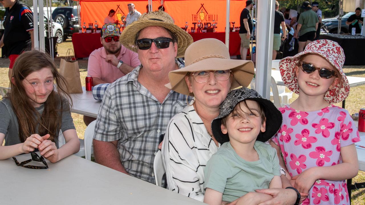 (From left) Rain Mendezona-Cowper, Brett Mendezona, Jo Cowper, Bear Mendezona-Cowper and Paisley Mendezona-Cowper at the Murphys Creek Chilli and Craft carnival. Sunday, September 22, 2024. Picture: Nev Madsen