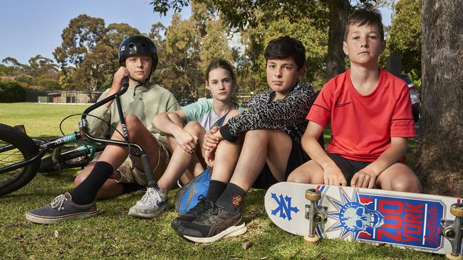 Harry, 12, Imogen, 12, Ryan, 11, and Mylo, 10 at Newland Park in Burnside, where the council has gone back to the drawing board on a $1m skate park. Picture: Matt Loxton