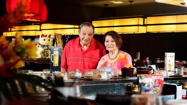 Theo and Toshi Manolis when they closed the doors at their Go Sushi culinary institution in the CBD. Picture: Justin Kennedy