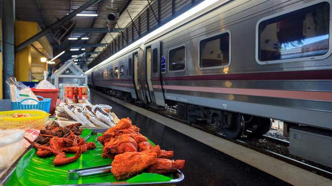 Food stalls on the platform at Hat Yai Railway Station, Thailand.