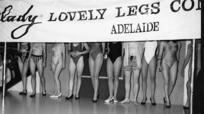 The Epilady ‘Miss Lovely Legs’ beauty contest at Westfield Marion, 1991. Entrants showed only their legs. The winner was fifth from left, Georgie Shorter.