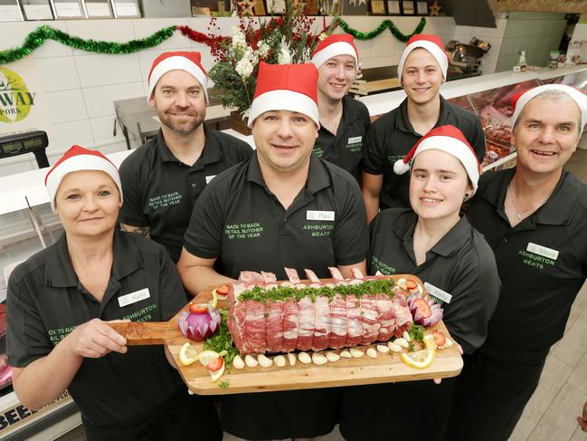 Number 8: Paul Klooster, centre, with Heath Roberts, Steve Powell, Matt Tyquin, Steve Goodman. Kylie Sturdy and Kelly Roberts of Ashburton Meats, Ashburton. Picture: Norm Oorloff