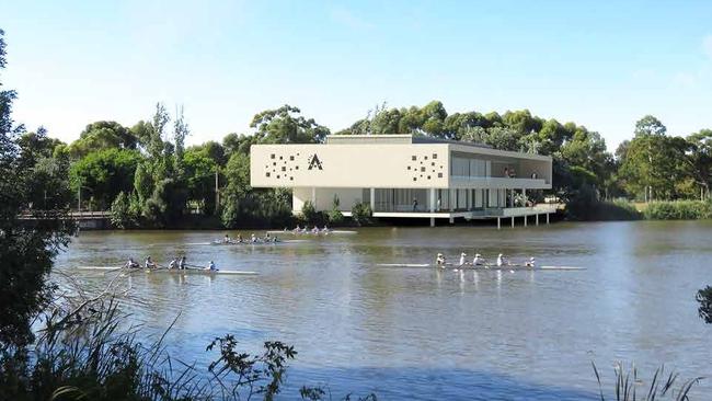 An artist impression of two-storey function centre/clubhouse, adjacent to Torrens River with viewing deck. Picture: Adelaide City Council documents