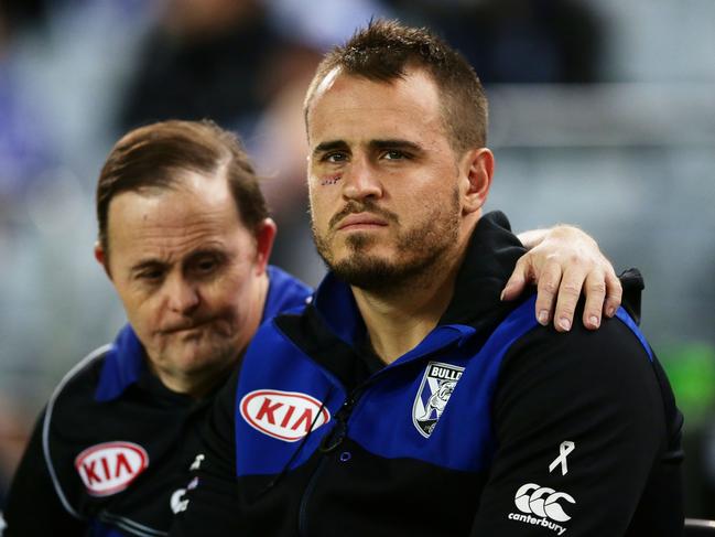 SYDNEY, AUSTRALIA - APRIL 29:  Josh Reynolds of the Bulldogs sits on the bench after leaving the field with an injury during the round nine NRL match between the Canterbury Bulldogs and the Canberra Raiders at ANZ Stadium on April 29, 2017 in Sydney, Australia.  (Photo by Matt King/Getty Images)
