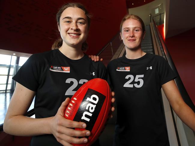 MELBOURNE, AUSTRALIA - OCTOBER 01: Millie Brown (L) and Isabella Grant pose for a photo during the 2019 AFLW Draft Combine at the Melbourne Cricket Ground on October 01, 2019 in Melbourne, Australia. (Photo by Dylan Burns/AFL Photos via Getty Images)