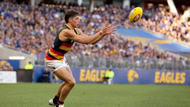 Jake Kelly of the Crows takes an uncontested mark in the backlines against the Eagles. Picture: AAP Image/Richard Wainwright