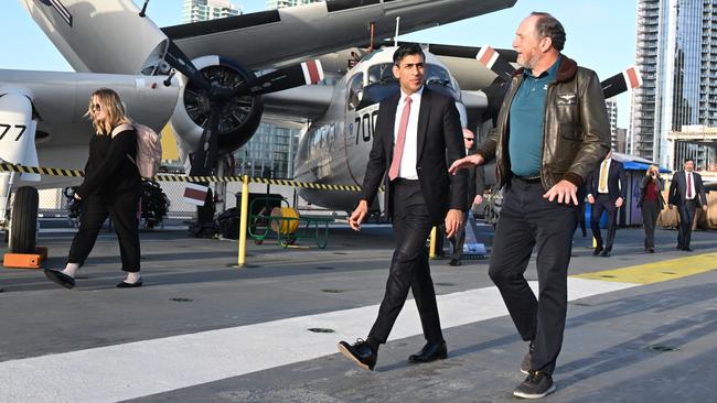 Rishi Sunak onboard the decommissioned and now museum USS Midway aircraft carrier on in San Diego, California. Picture: Getty Images