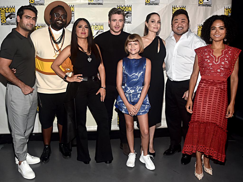 Kumail Nanjiani, Brian Tyree Henry, Salma Hayek, Richard Madden, Lia McHugh, Angelina Jolie, Don Lee and Lauren Ridloff of Marvel Studios' 'The Eternals'. Picture: Alberto E. Rodriguez/Getty Images for Disney