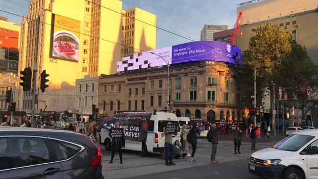 Activists have stopped traffic in Melbourne's busy CBD. Picture: 3AW/Twitter