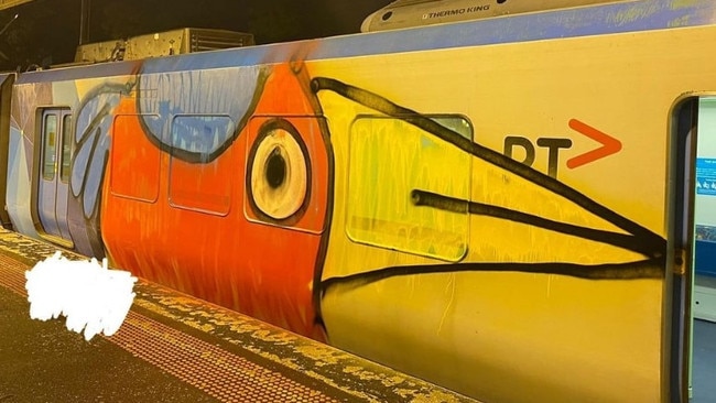 Pam the Bird aboard a train at a Melbourne train station. Picture: Just another bird Instagram