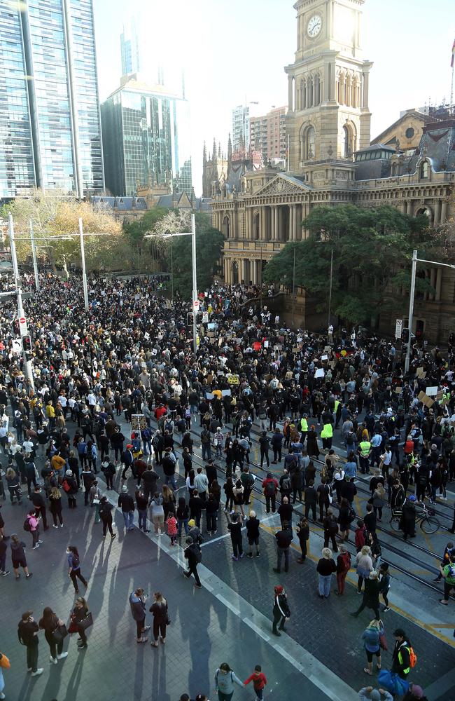 Protesters and police pictured at Sydney Town Hall. Picture: Matrix