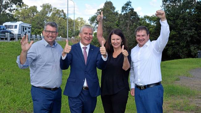 WE DID IT: Keith Pitt, Deputy PM Michael McCormack, GT editor Shelley Strachan and Wide Bay MP Llew O'Brien celebrate $800 million funding for Section D. Picture: Scott Kovacevic
