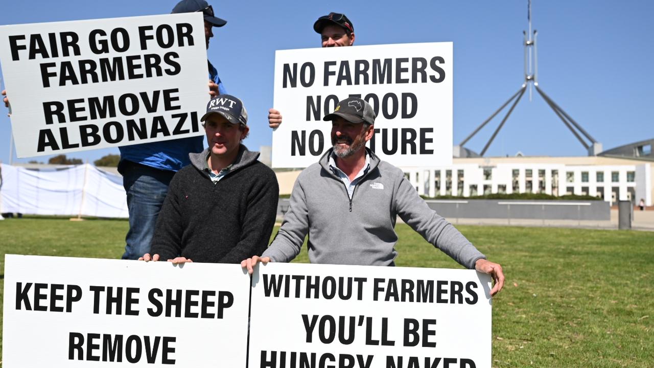 Farmers gathered on the lawns of Parliament House on Tuesday to voice their anger at the treatment of their industry. Picture: NewsWire/ Martin Ollman