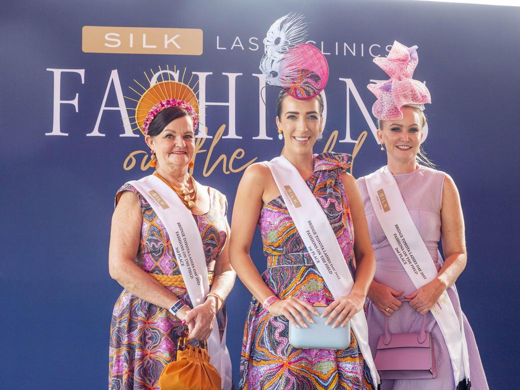 Fashions on the fields top three: Third place Jillian Edgar, winner Lily North and second place Bianca Heron. Picture: Floss Adams