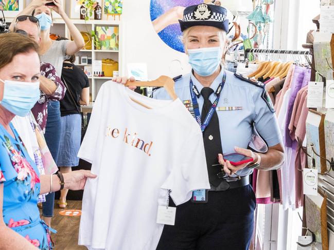 Queensland Police Commissioner Katarina Carroll finishes her Christmas shopping at The Collective Store in Wynnum. Picture: Richard Walker