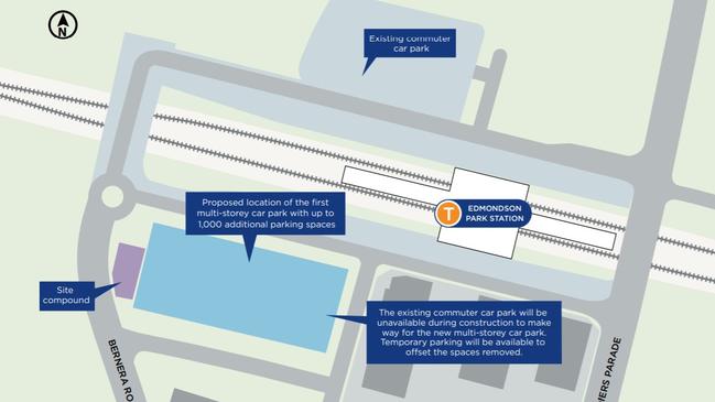 Concept design of additional commuter parking at Edmondson Park train station. Picture: Transport for NSW