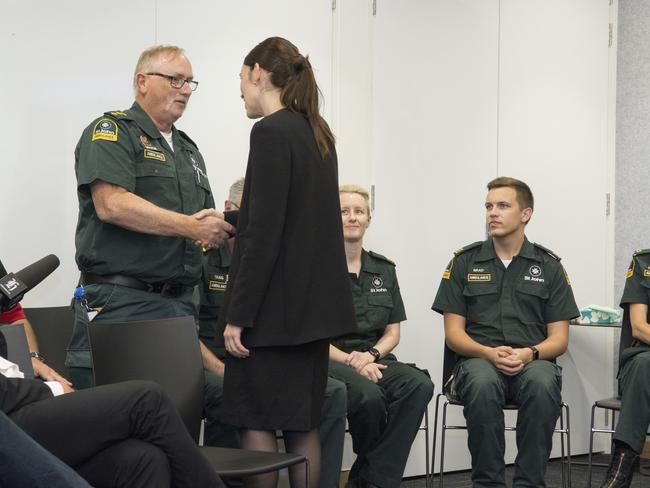 New Zealand Prime Minister Jacinda Ardern meets with first responders to the mass killings at the Majid Al Noor and Linwood Islamic Centre in Christchurch, New Zealand. Picture: AAP