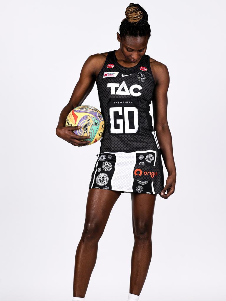 Collingwood Magpies player Jodi-Ann Ward in the club's First Nations round dress designed by Djab Wurrong and Kirrae Wurrong artist Tarni Jarvis.