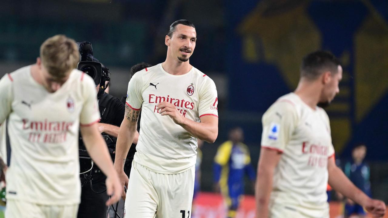 AC Milan's Swedish forward Zlatan Ibrahimovic reacts at the end of the Italian Serie A football match between Hellas Verona and AC Milan on May 8, 2022 at the Marcantonio-Bentegodi stadium in Verona. (Photo by MIGUEL MEDINA / AFP)