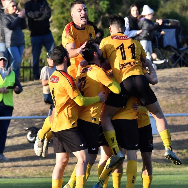 Coniston FC celebrate a goal. Picture: Richie Wagner | RichieRiches Sports Shots