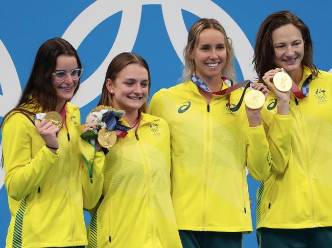 TOKYO, JAPAN - AUGUST 01: Gold medalist Kaylee McKeown, Chelsea Hodges Emma McKeon and Cate Campbell of Team Australia pose on the podium during the medal ceremony for the Women's 4 x 100m Medley Relay Final on day nine of the Tokyo 2020 Olympic Games at Tokyo Aquatics Centre on August 01, 2021 in Tokyo, Japan. (Photo by Xavier Laine/Getty Images)