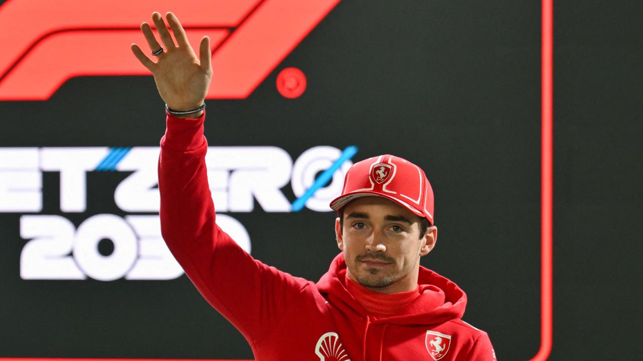 Charles Leclerc celebrates after finishing in pole position. Picture: ANGELA WEISS / AFP