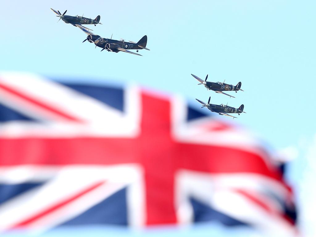 The handsome prince spent his birthday watching about 40 Spitfire, Hurricane and Bristol Blenheim bombers fly in formation before dispersing to wartime airfields in the south of England. Picture: Getty