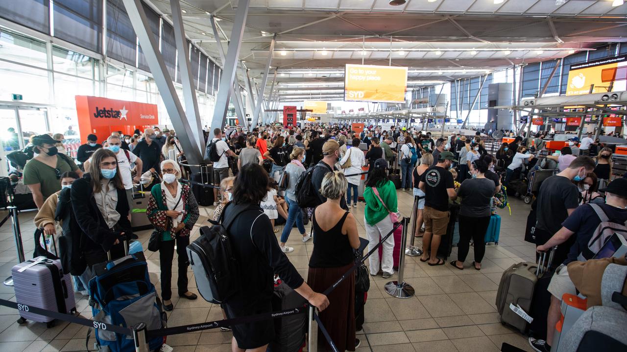 The long queues at Sydney Airport’s T2 Domestic Terminal. Picture: Julian Andrews