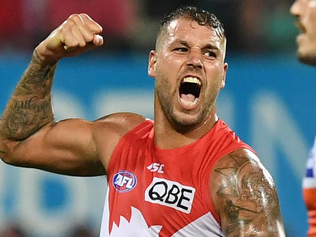 Lance Franklin of the Swans celebrates scoring his second goal during the Round 3 AFL match between the Sydney Swans and the Greater Western Sydney (GWS) Giants at the SCG in Sydney, Saturday, April 7, 2018. (AAP Image/David Moir) NO ARCHIVING, EDITORIAL USE ONLY