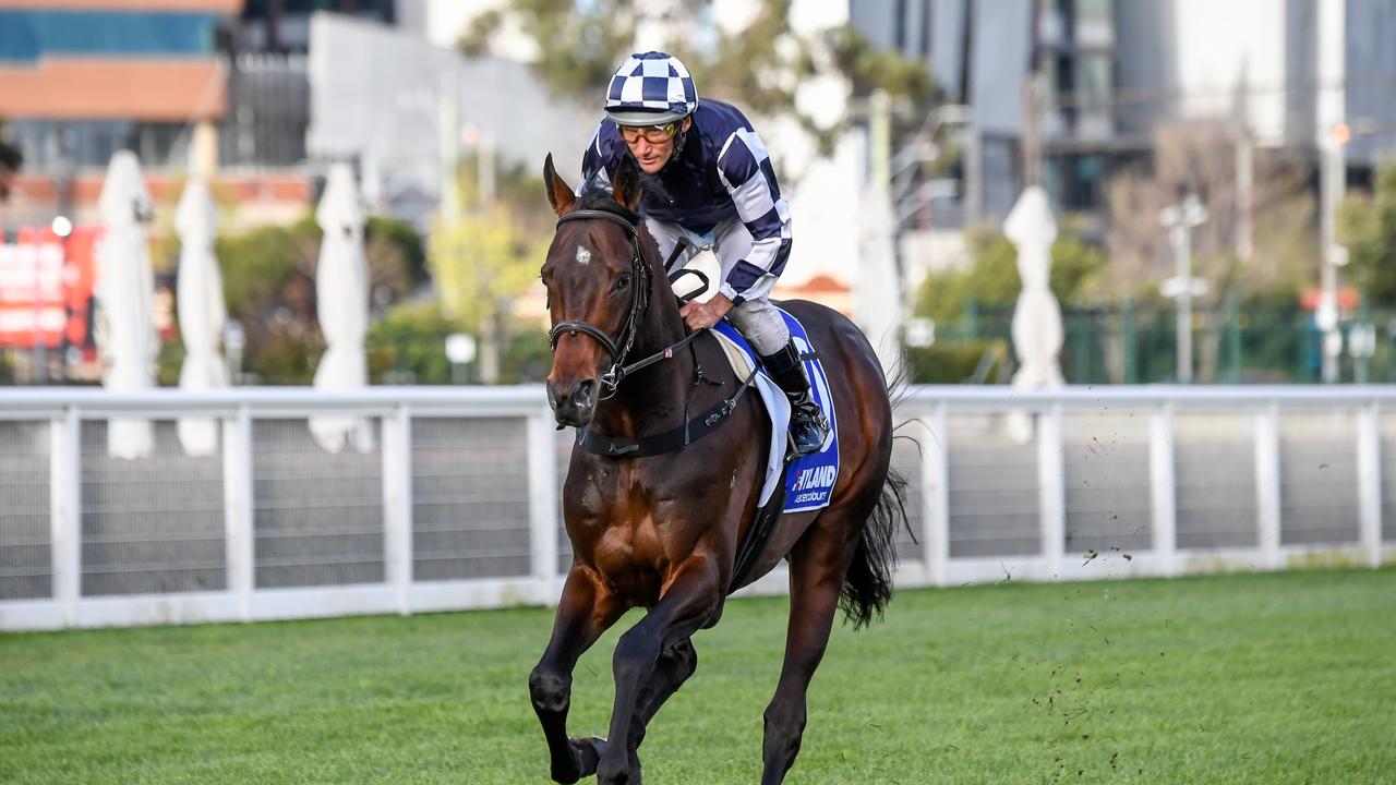 Russian Camelot (IRE) ridden by Damien Oliver heads to the barriers before the Hyland Race Colours Underwood Stakes  at Caulfield Racecourse on September 26, 2020 in Caulfield, Australia. (Reg Ryan/Racing Photos via Getty Images)