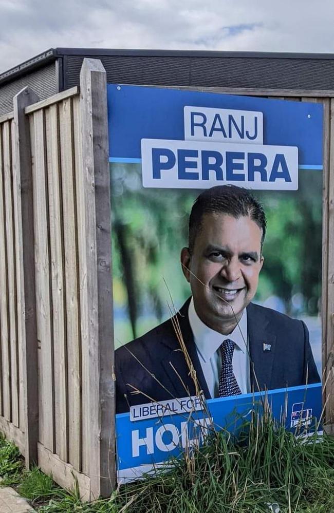 Ranj Perera’s election sign, which as now been removed. Picture: Reddit / jerjergege