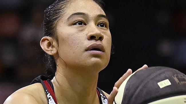 TOWNSVILLE, AUSTRALIA - FEBRUARY 29: Zitina Aokuso of the Fire attempts a free throw shot during game one of the WNBL Semi Final series between Townsville Fire and Perth Lynx at Townsville Entertainment Centre, on February 29, 2024, in Townsville, Australia. (Photo by Ian Hitchcock/Getty Images)