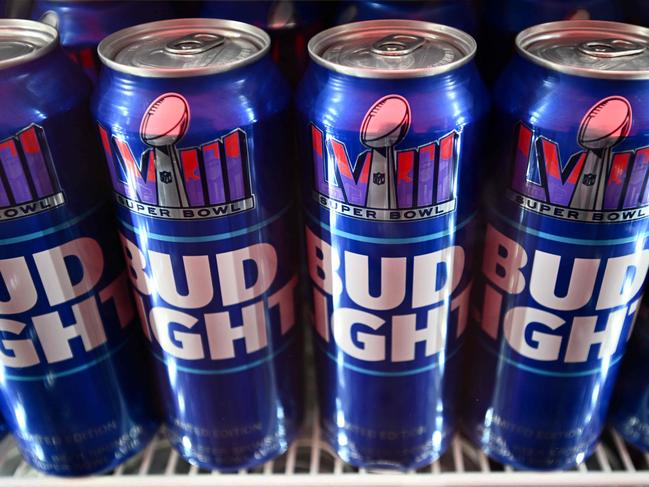 Cans of Super Bowl Bud Light are seen before Super Bowl LVIII between the Kansas City Chiefs and the San Francisco 49ers at in Las Vegas, Nevada, on February 11, 2024. (Photo by Patrick T. Fallon / AFP)