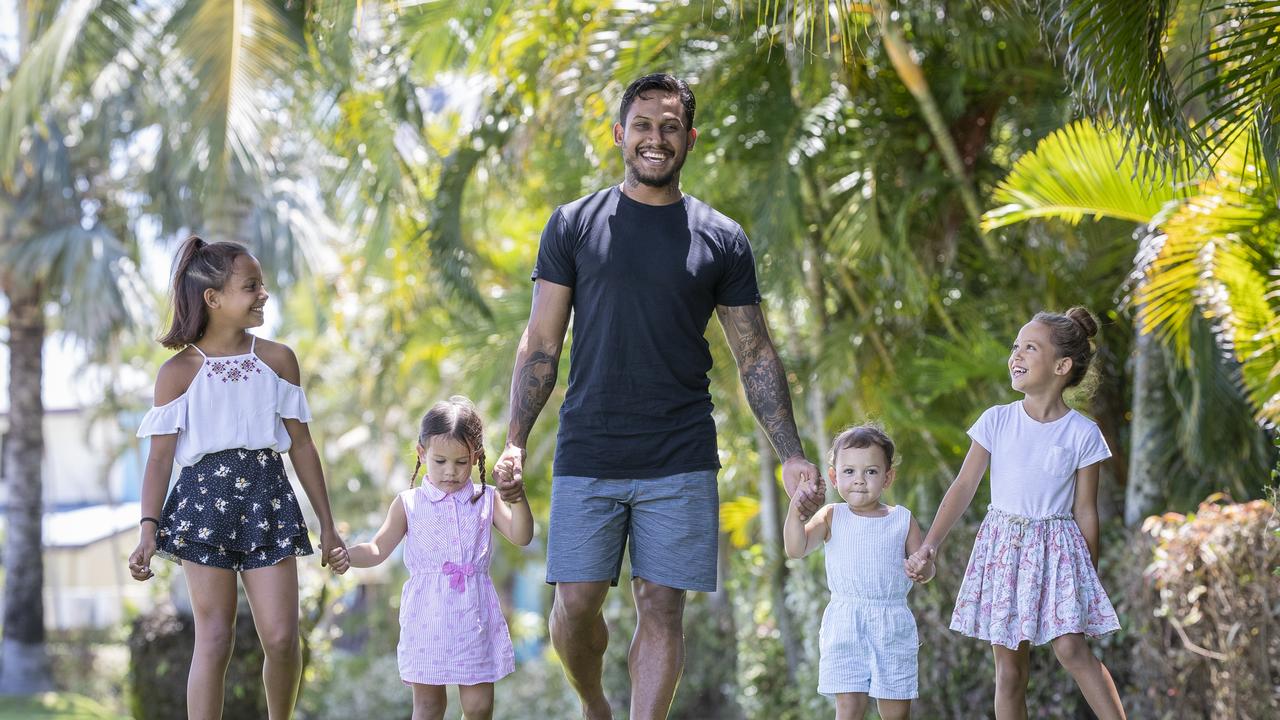 Ben Barba with his daughters Bodhi, Blaise, Bobbi, and Bronte. Picture: Peter Wallis