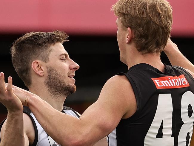 MELBOURNE, AUSTRALIA - JULY 11: Sam Fowler (L) of the Magpies celebrates a goal during the round 13 VFL match between the Richmond Tigers and the Collingwood Magpies at The Swinburne Centre on July 11, 2021 in Melbourne, Australia. (Photo by Martin Keep/AFL Photos via Getty Images)