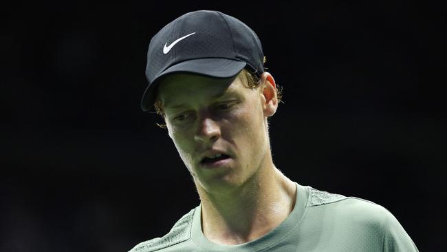 Italy's Jannik Sinner looks on as he plays against Russia's Daniil Medvedev during their men's quarterfinals match on day ten of the US Open tennis tournament at the USTA Billie Jean King National Tennis Center in New York City, on September 4, 2024. (Photo by CHARLY TRIBALLEAU / AFP)