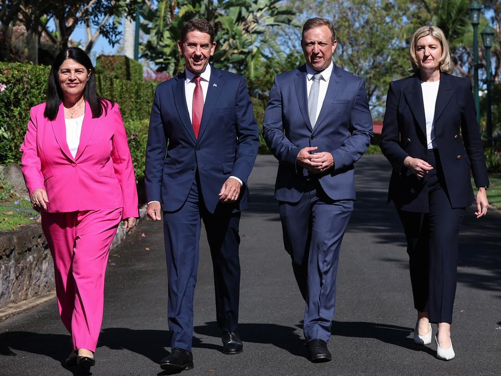 Premier Steven Miles (second from right) kicks off the election with a visit to Government House with ministers (from left) Grace Grace, Cameron Dick and Shannon Fentiman. Picture: Adam Head