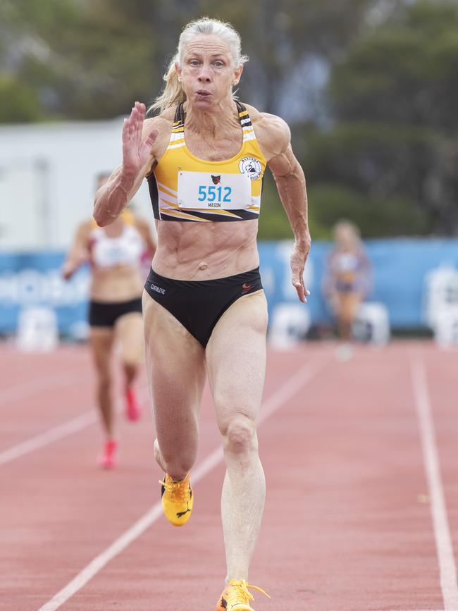 2024 Australian masters games at the Domain Athletics Centre, Mandy Mason 56 WA wins the 400m heat. Picture: Chris Kidd
