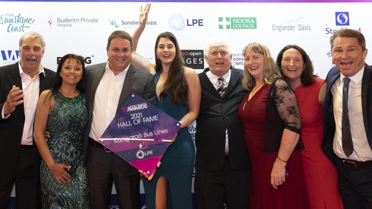 Hall of Fame inductees Kangaroo Bus Lines celebrate at the Sunshine Coast Business Awards at the Novotel, Twin Waters, on November 13. Picture: Barry Alsop