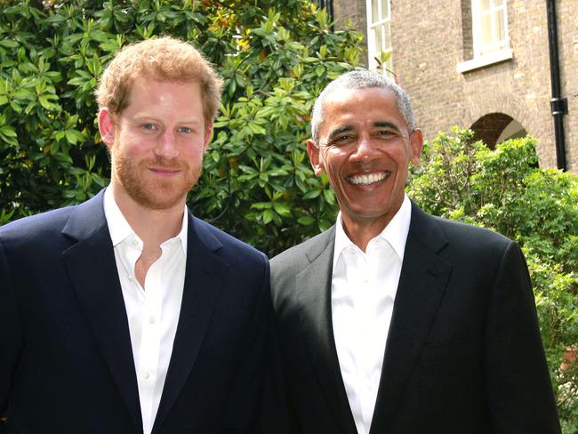 Prince Harry with Barack Obama at Kensington Palace in 2017. Picture: AFP